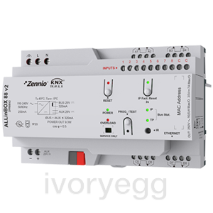 ALLinBOX 88 V2. Multifunction device with KNX power supply, KNX-IP Interface, 8 outputs/8 inputs and logic module